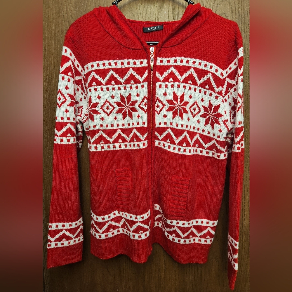 Gibiu Red and White Winter Themed Women's Cardigan